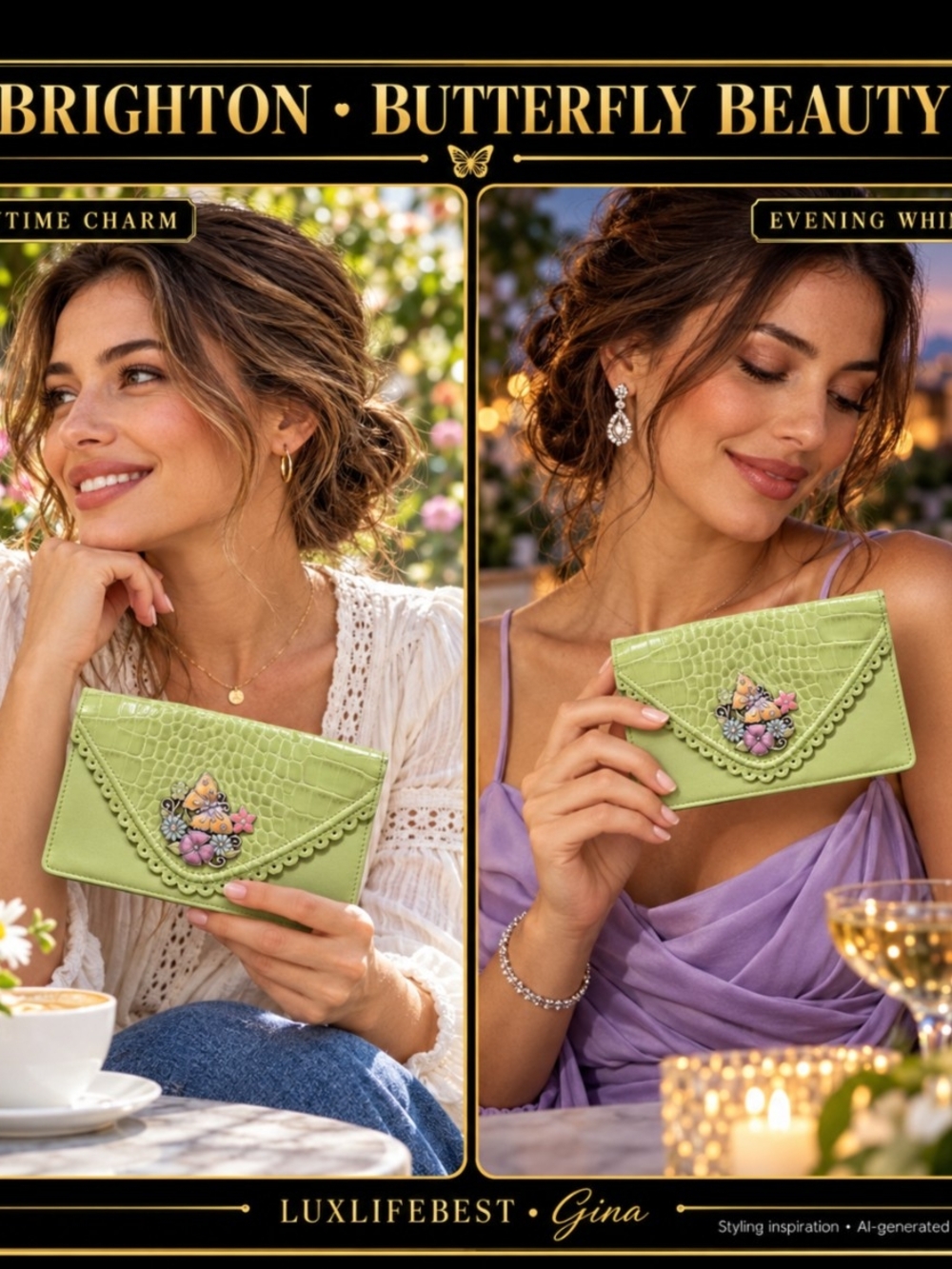 Brighton Vintage  Lime Green Enamel Butterfly Floral Envelope Wallet